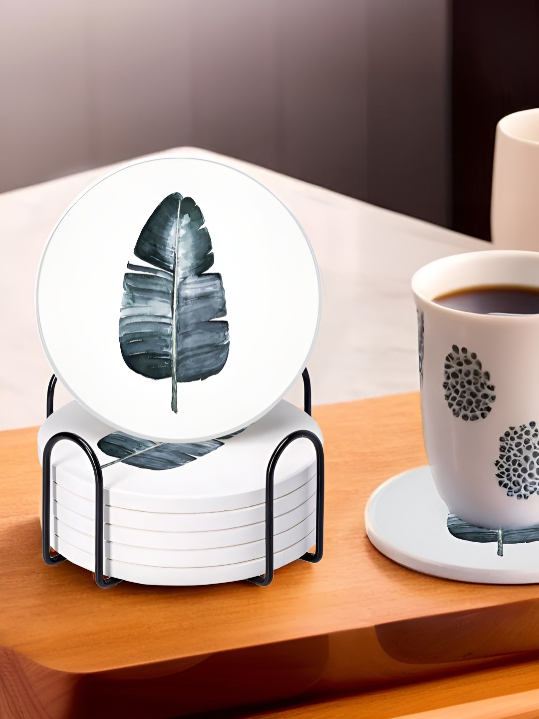 

The Better Home 6-Pcs White & Black Printed Round Coasters With Holder