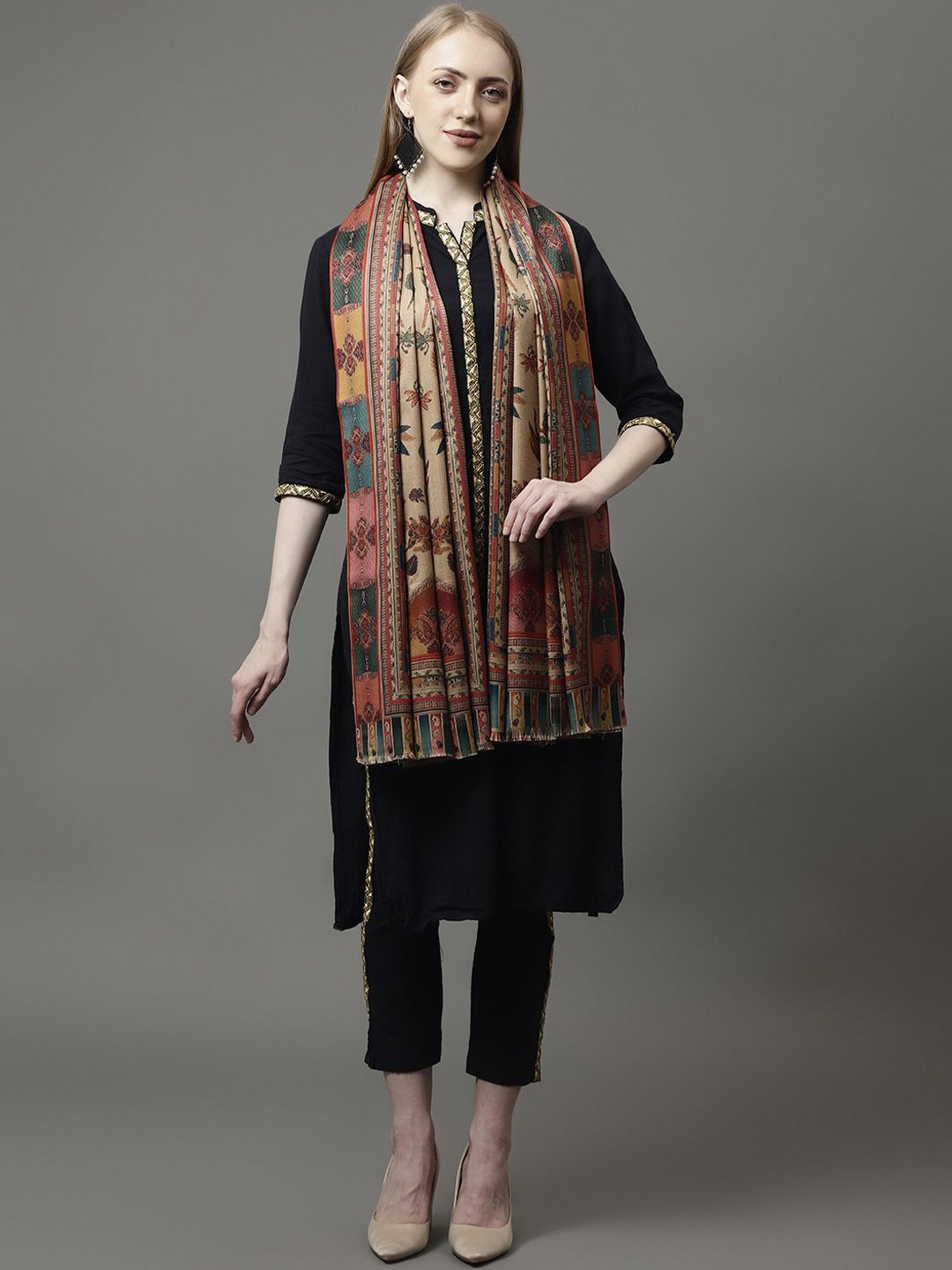 

WEAVERS VILLA Women Floral Printed Shawl, Brown