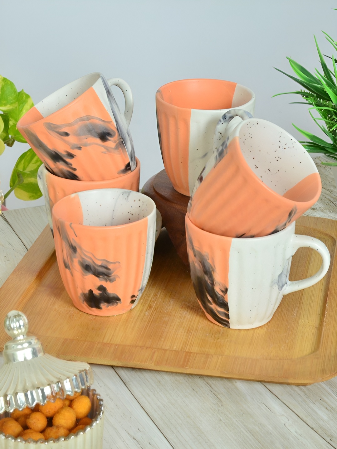 

FABINALIV Set of 6 Orange Textured Ceramics Matte Cups