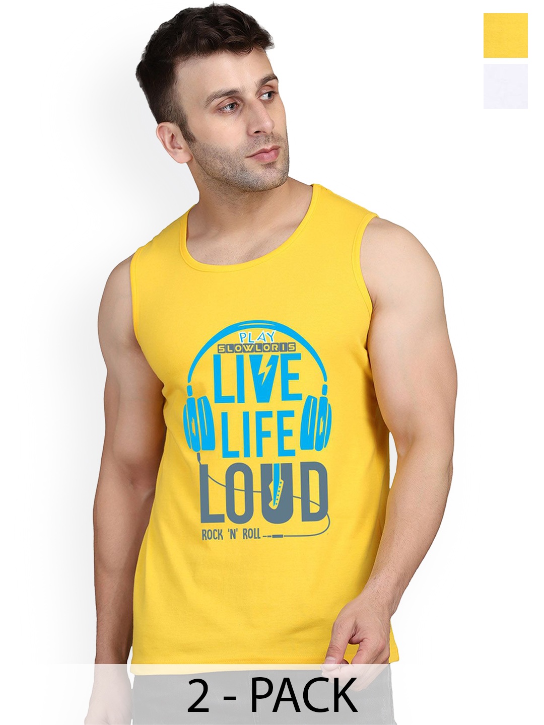 

SLOWLORIS Men Pack Of 2 Printed Gym Vests, Yellow