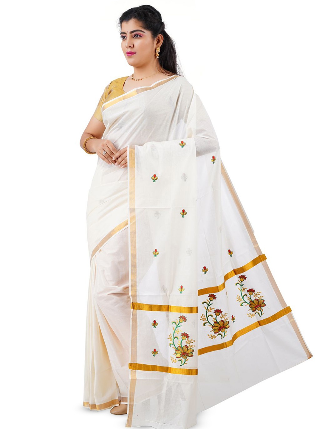 

Rst R Selvamani Tex Floral Embroidered Zari Pure Cotton Kasavu Saree, Off white