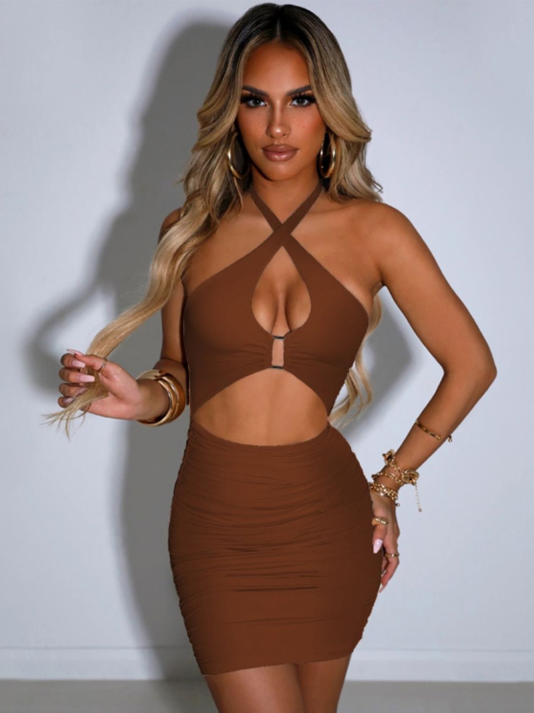 

StyleCast Halter Neck Cut-Out Bodycon Mini Dress, Brown