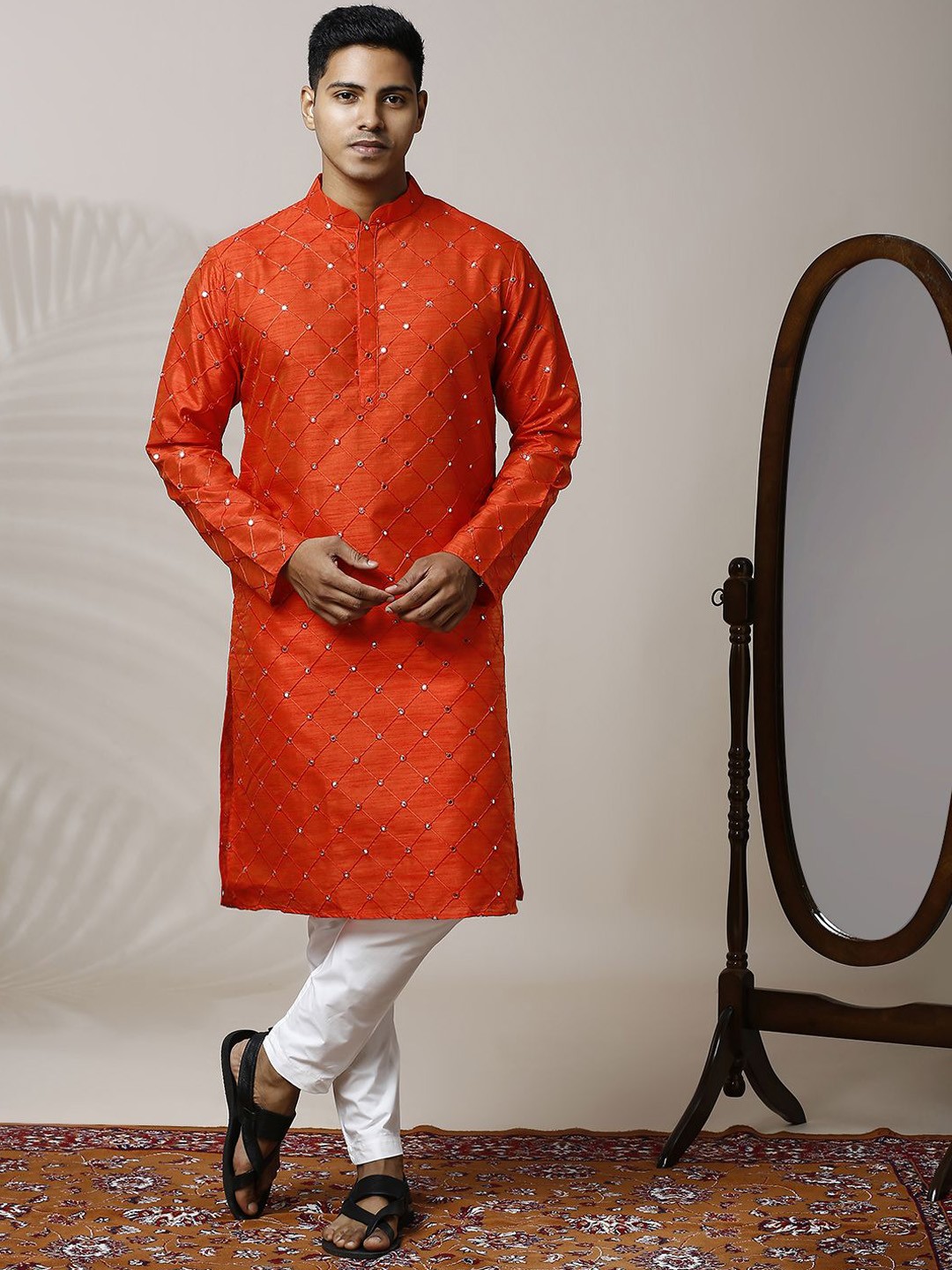 

Be Desi Men Embroidered Regular Mirror Work Kurta with Pyjamas, Red