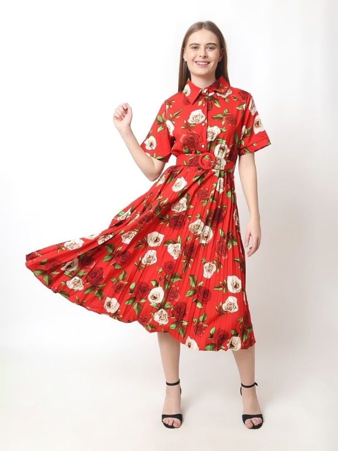 

Navvi Floral Printed Fit & Flare Midi Dress, Red