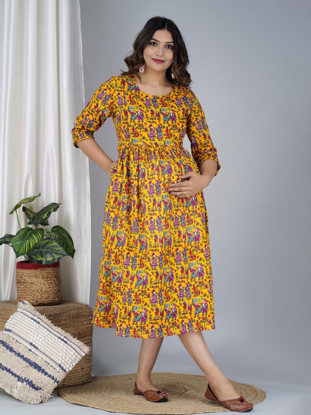 

TANISHA Ethnic Motifs Printed Maternity Fit & Flare Midi Ethnic Dress, Yellow