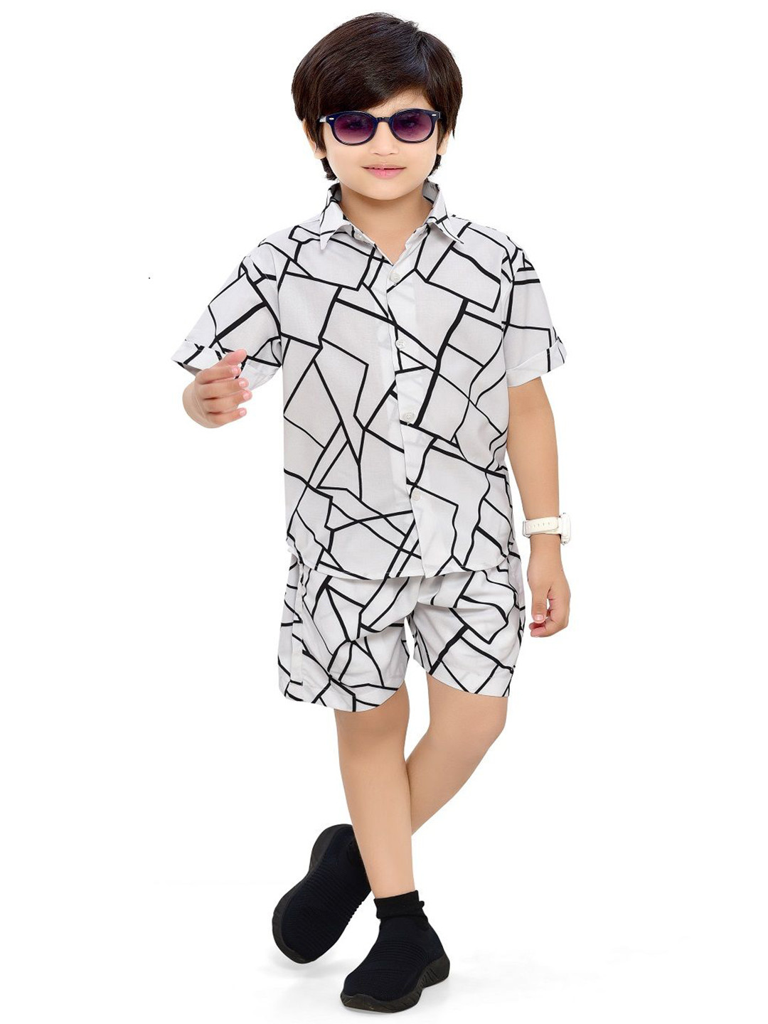 

BAESD Boys Abstract Printed Pure Cotton Shirt with Shorts, White