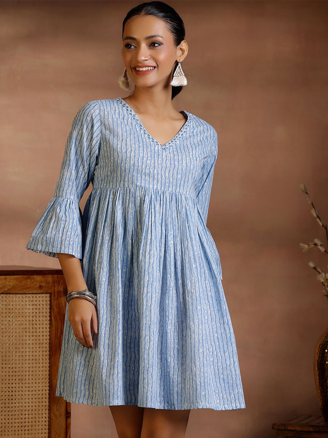 

Libas Striped Bell Sleeve EmpireDress, Blue