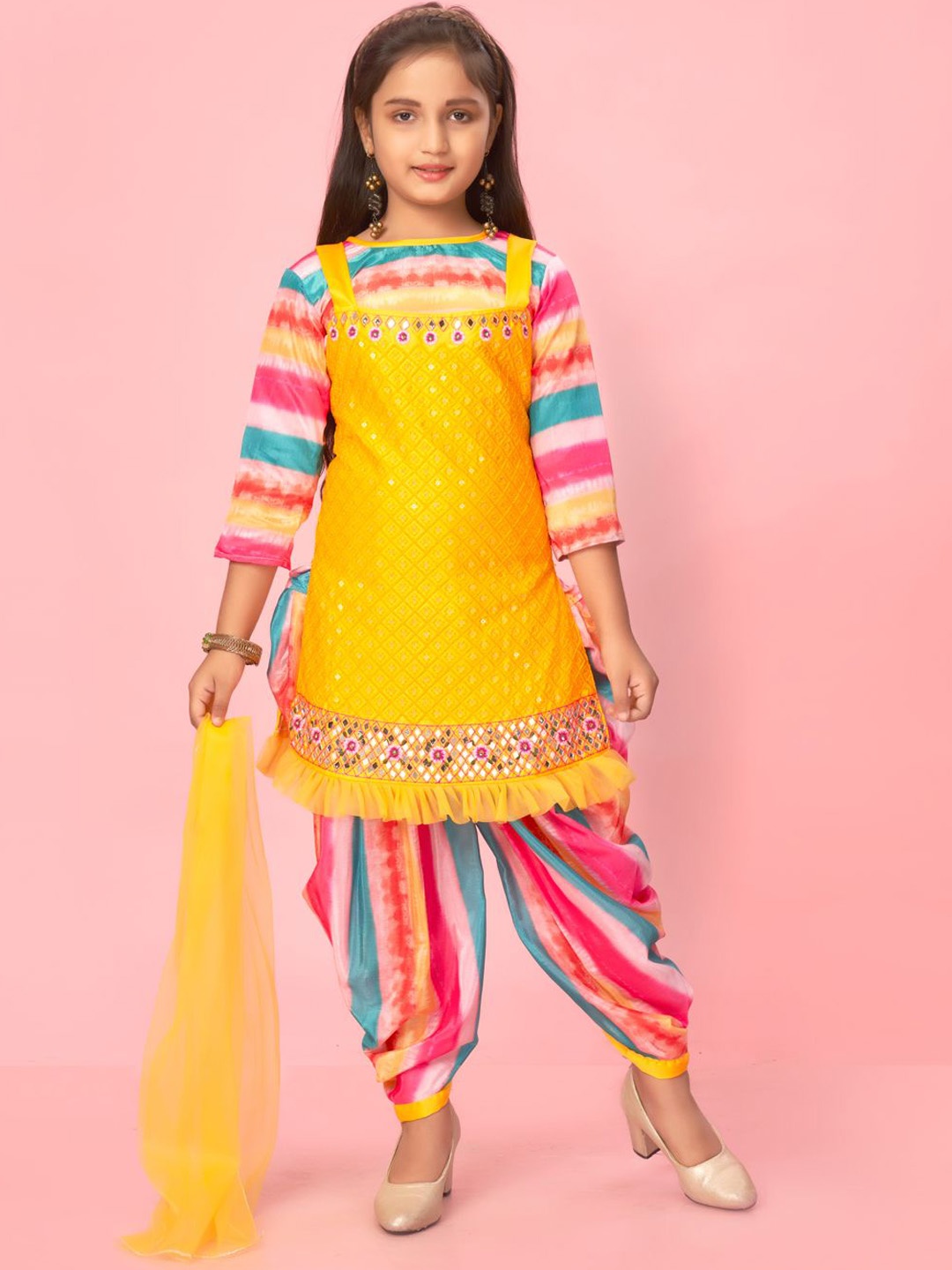 

BAESD Girls Ombre Embroidered Regular Mirror Work Pure Silk Kurta with Patiala & With Dupatta, Yellow