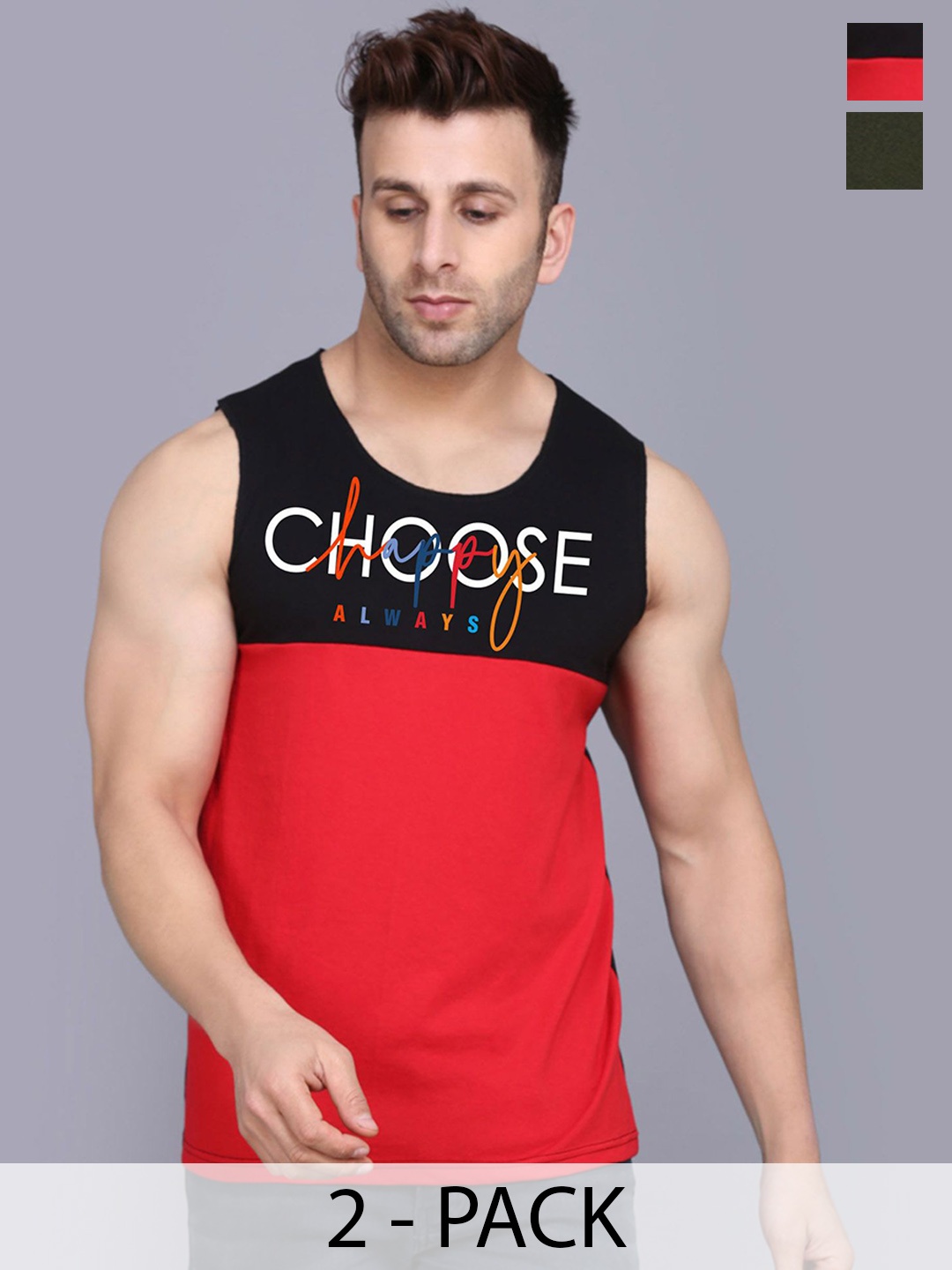 

SLOWLORIS Pack Of 2 Men Printed Gym Vests, Olive