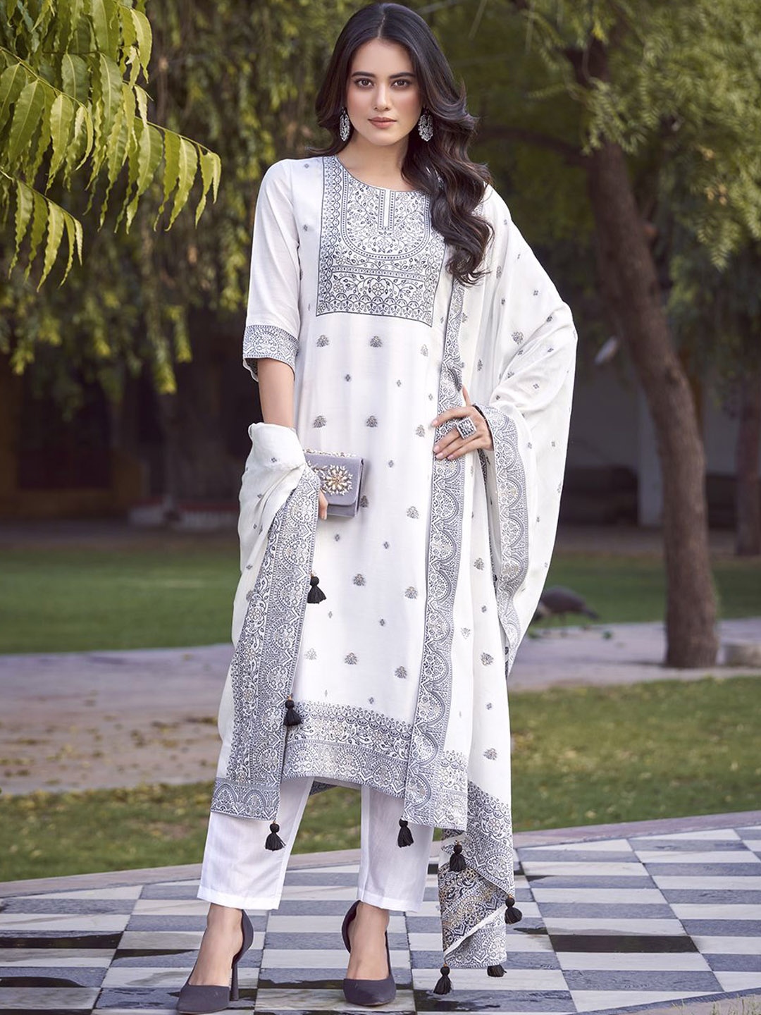 

Shaily Ethnic Motifs Woven Design Pure Muslin Kurta with Trousers & Dupatta, White