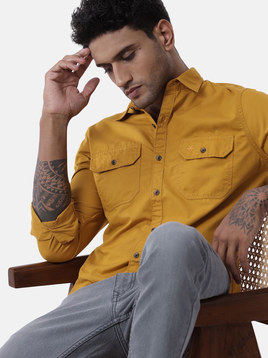 

WROGN Men Custom Spread Collar Solid Cotton Casual Shirt, Mustard