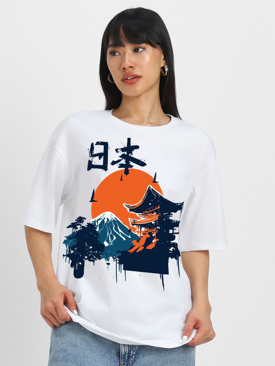 

JUNEBERRY Women Graphic Printed Round Neck Pure Cotton Oversized T-Shirt, White
