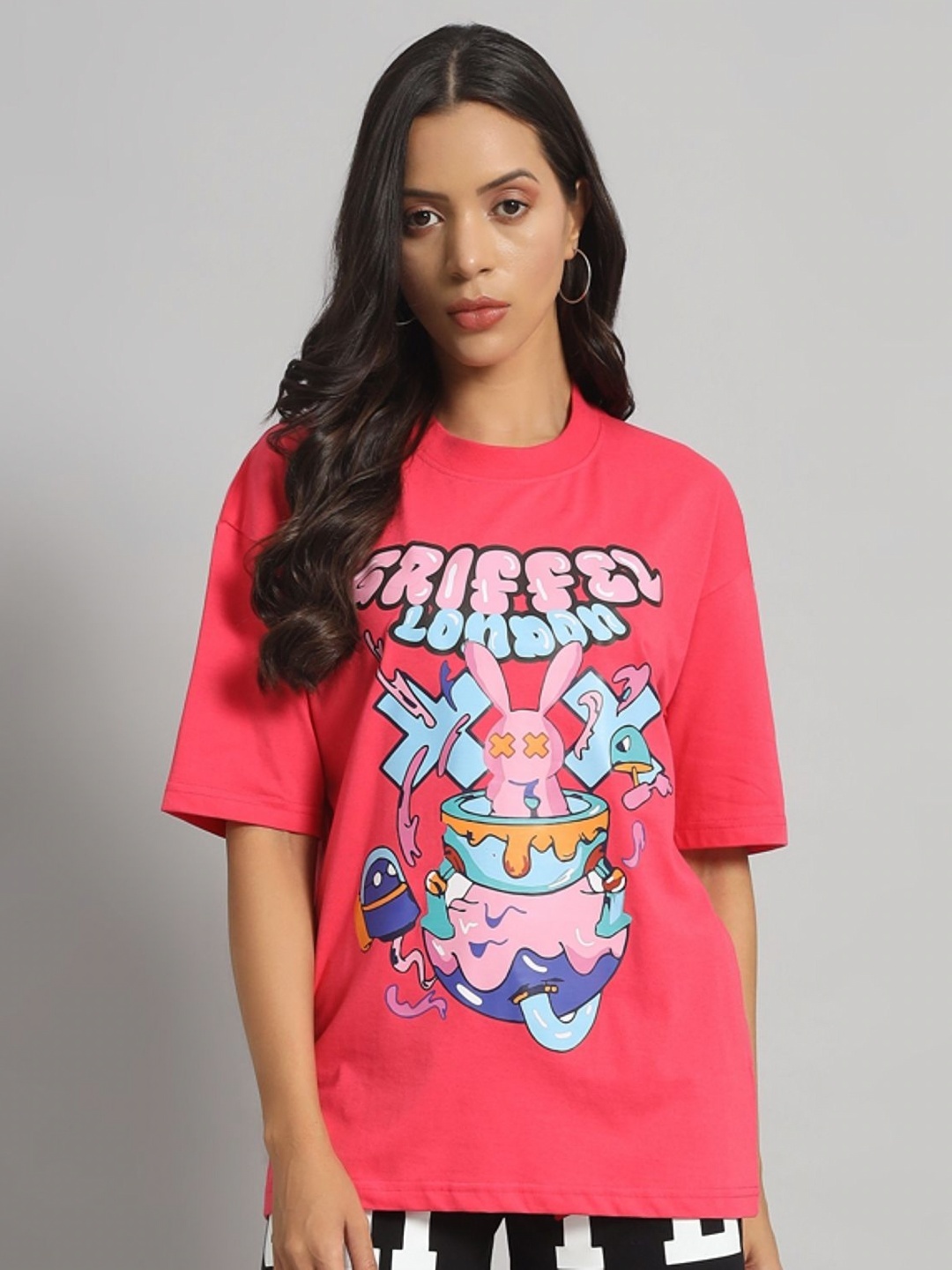 

GRIFFEL Women Printed Drop-Shoulder Sleeves T-shirt, Pink