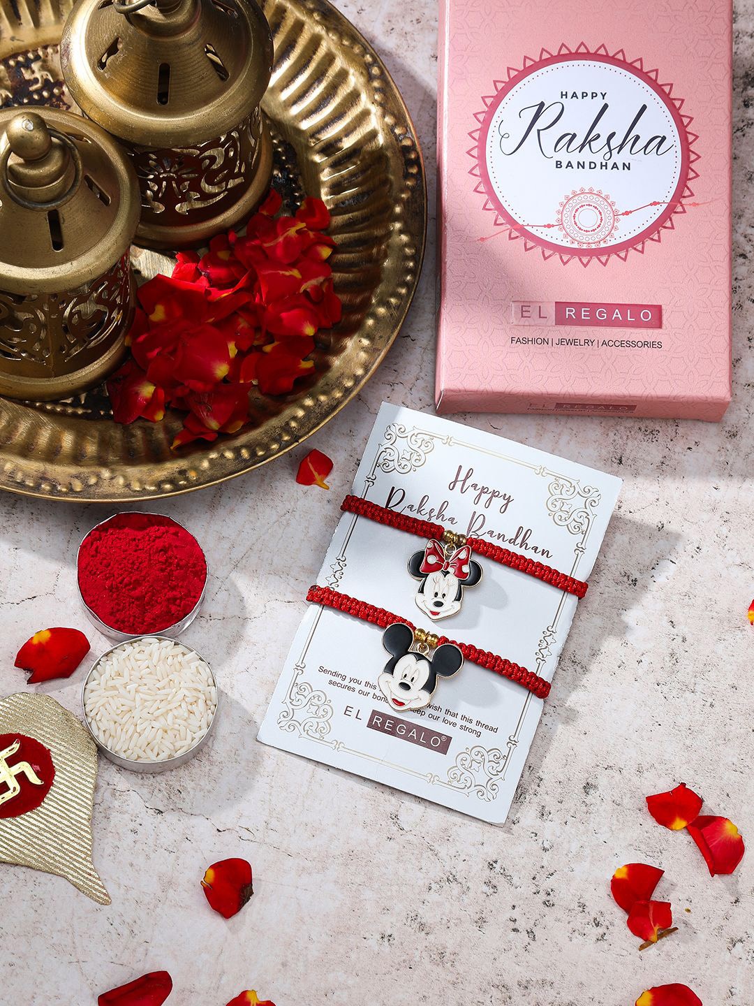 

EL REGALO Set Of 2 Minnie & Mickey Charm Rakhi Gift Set, Red