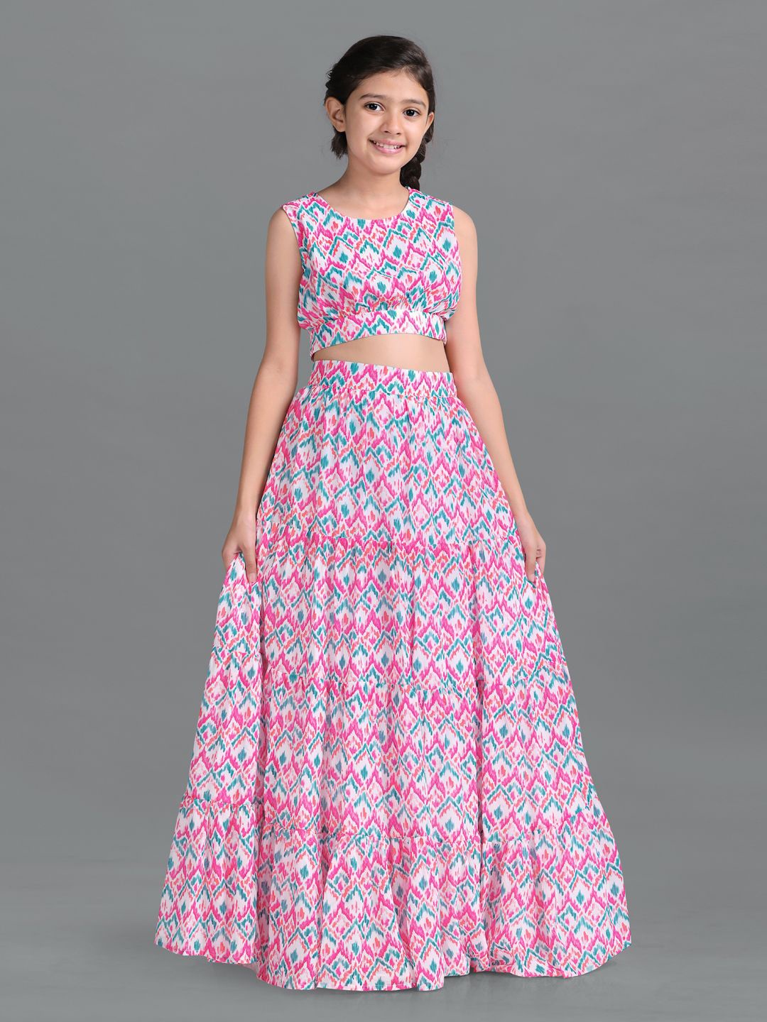 

BAESD Girls Printed Georgette Ready to Wear Lehenga & Choli, White