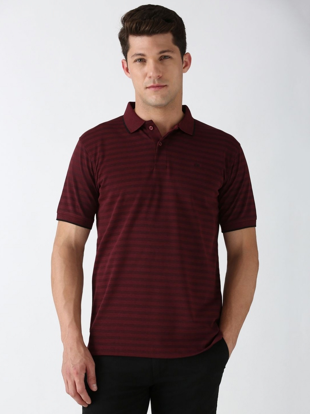 

Peter England Men Striped Polo Collar Pockets T-shirt, Maroon