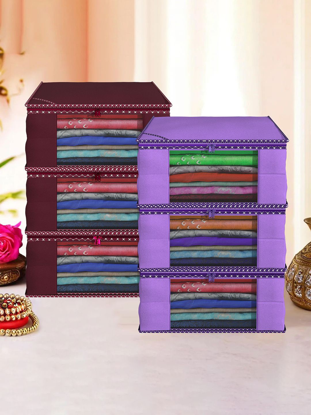 

Kuber Industries Maroon & Purple 6 Pieces Foldable Drawer Organisers