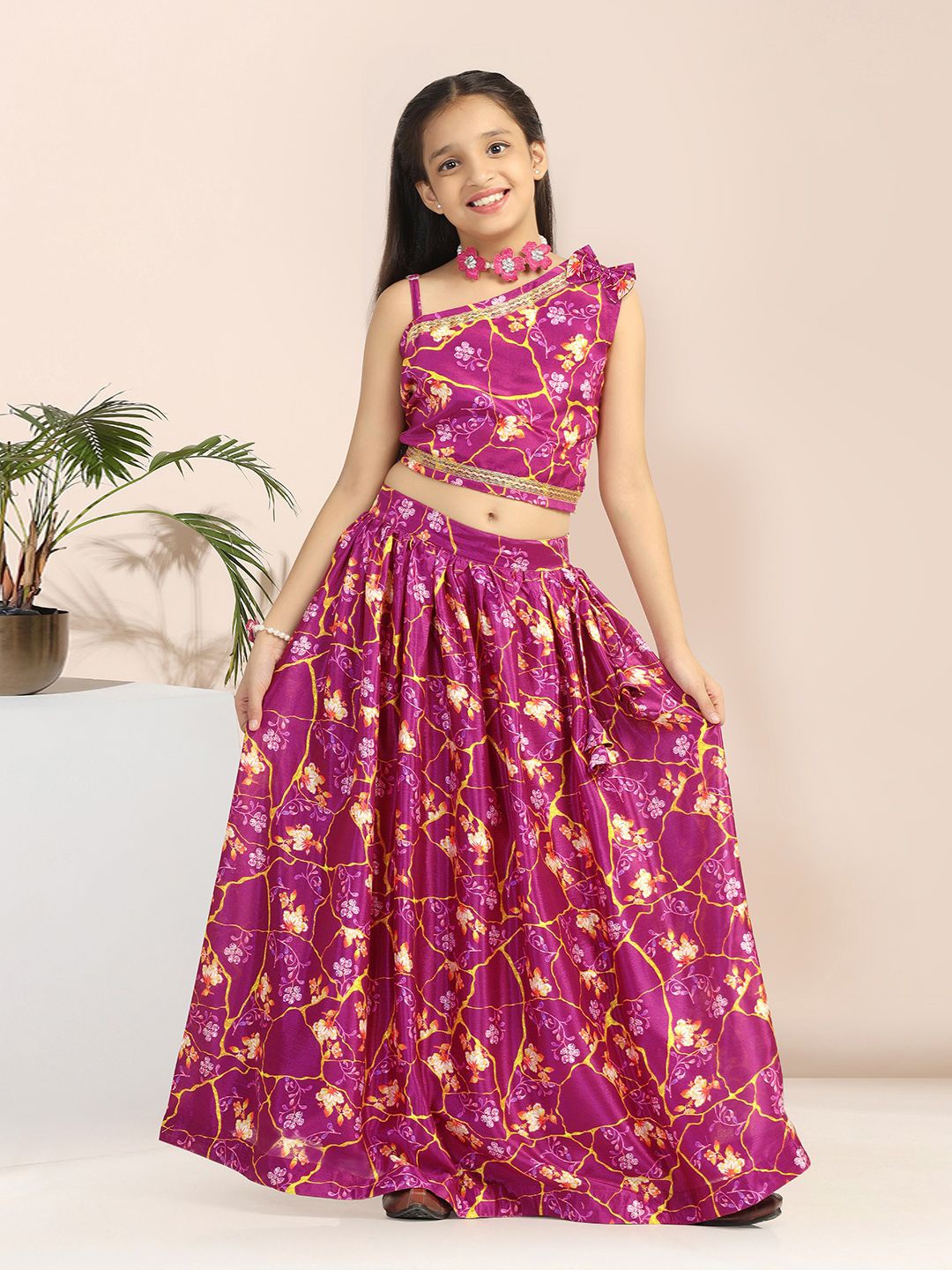 

BAESD Girls Printed One Shoulder Ready to Wear Lehenga with Blouse, Burgundy