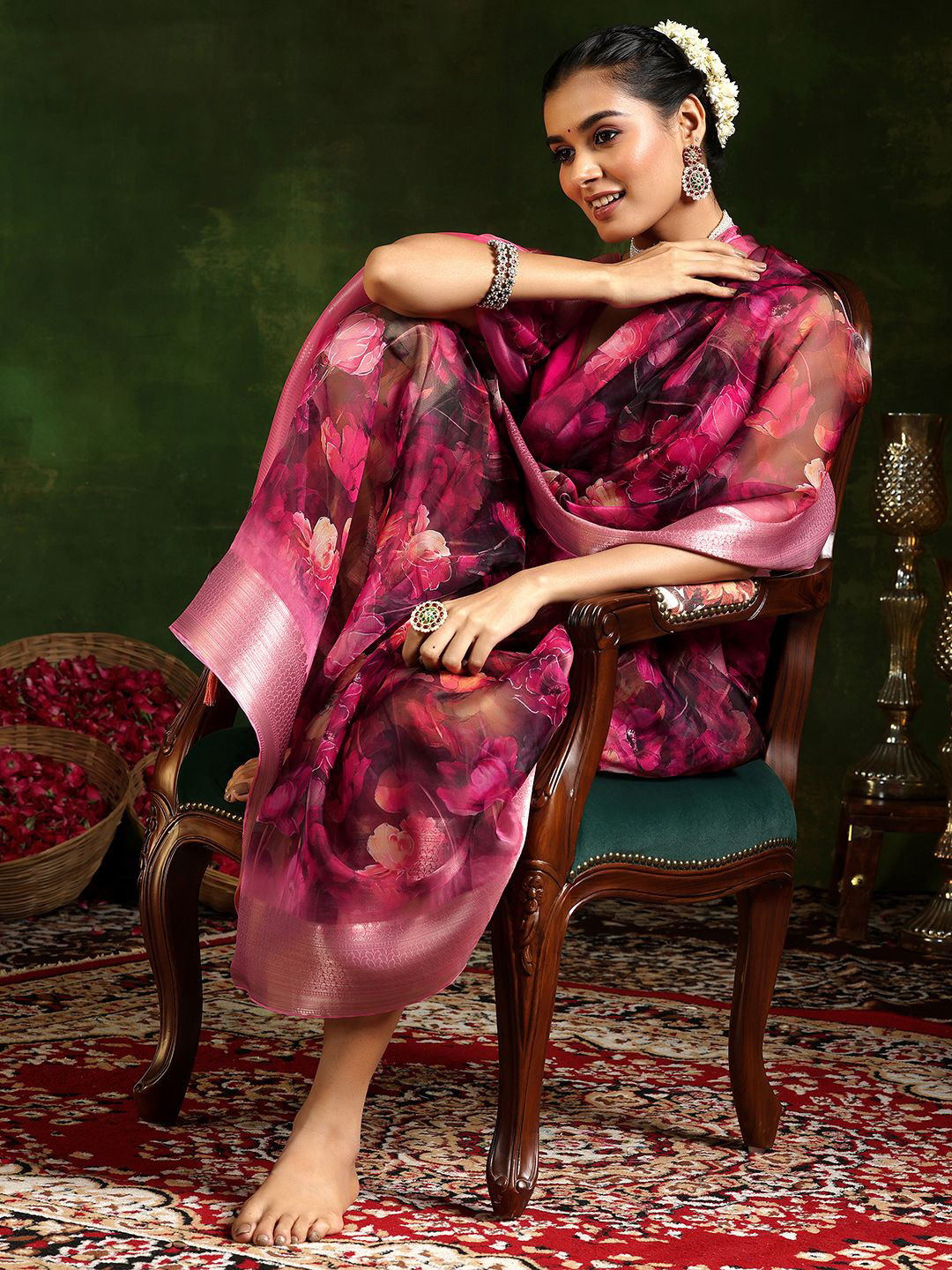 

Libas Floral Woven Design Zari Organza Saree, Pink