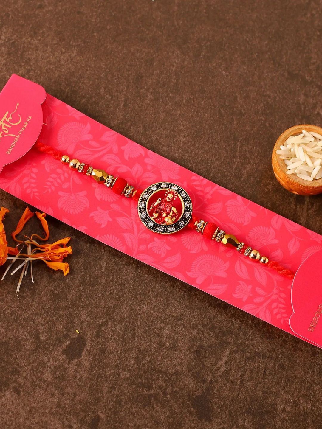 

fnp Divine Orange Hanuman Rakhi Traditional Kundan, Red