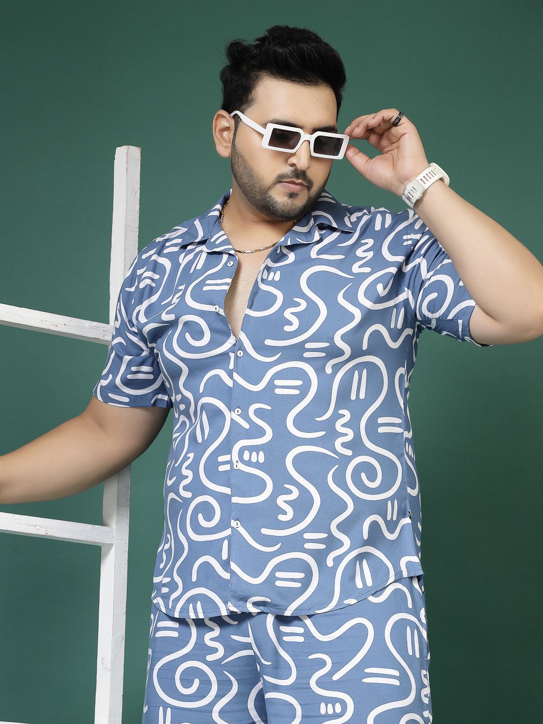 

Rigo Plus Size Abstract Printed Shirt With Trouser, Blue