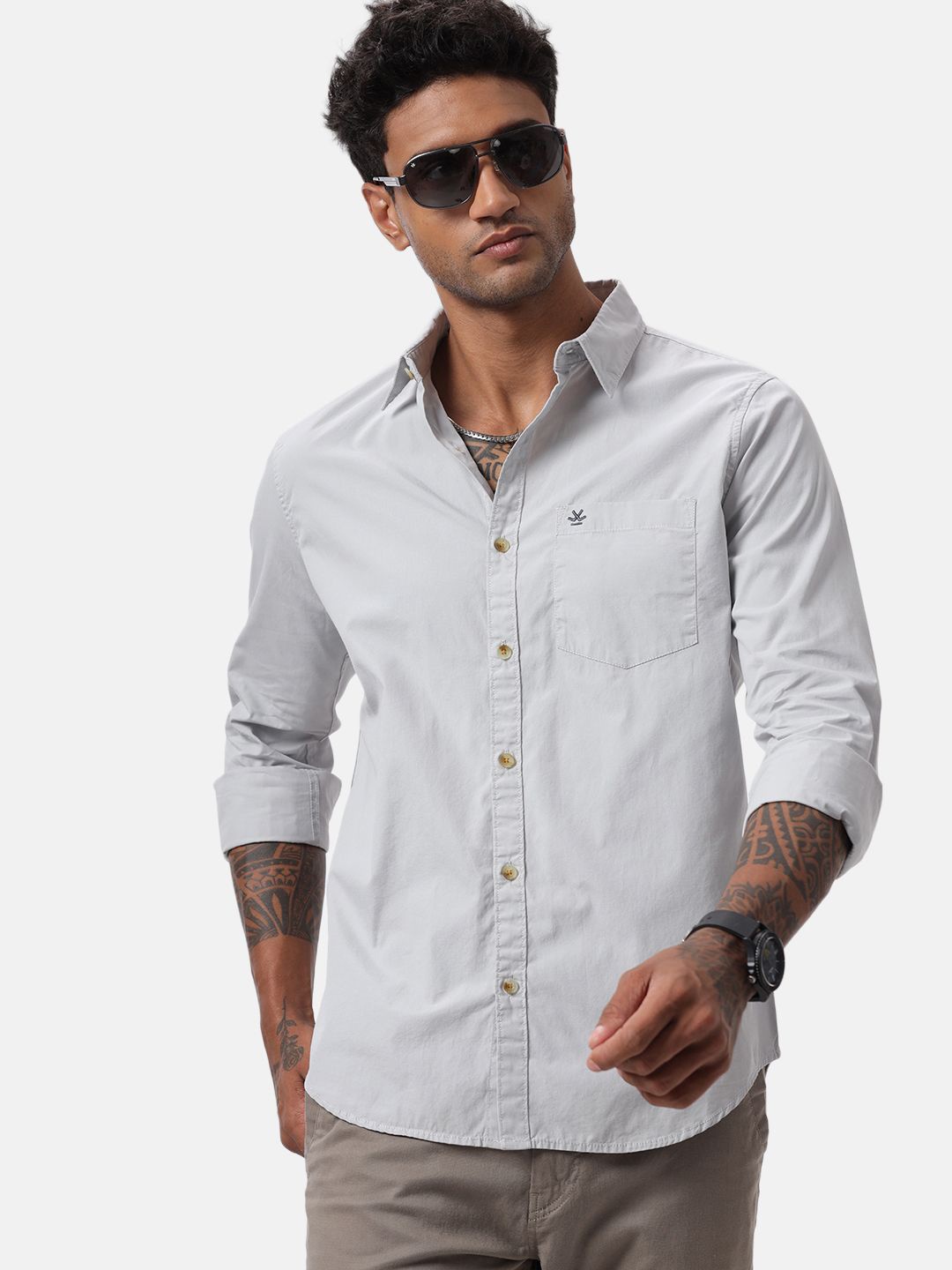 

WROGN Men Custom Spread Collar Solid Cotton Casual Shirt, Grey