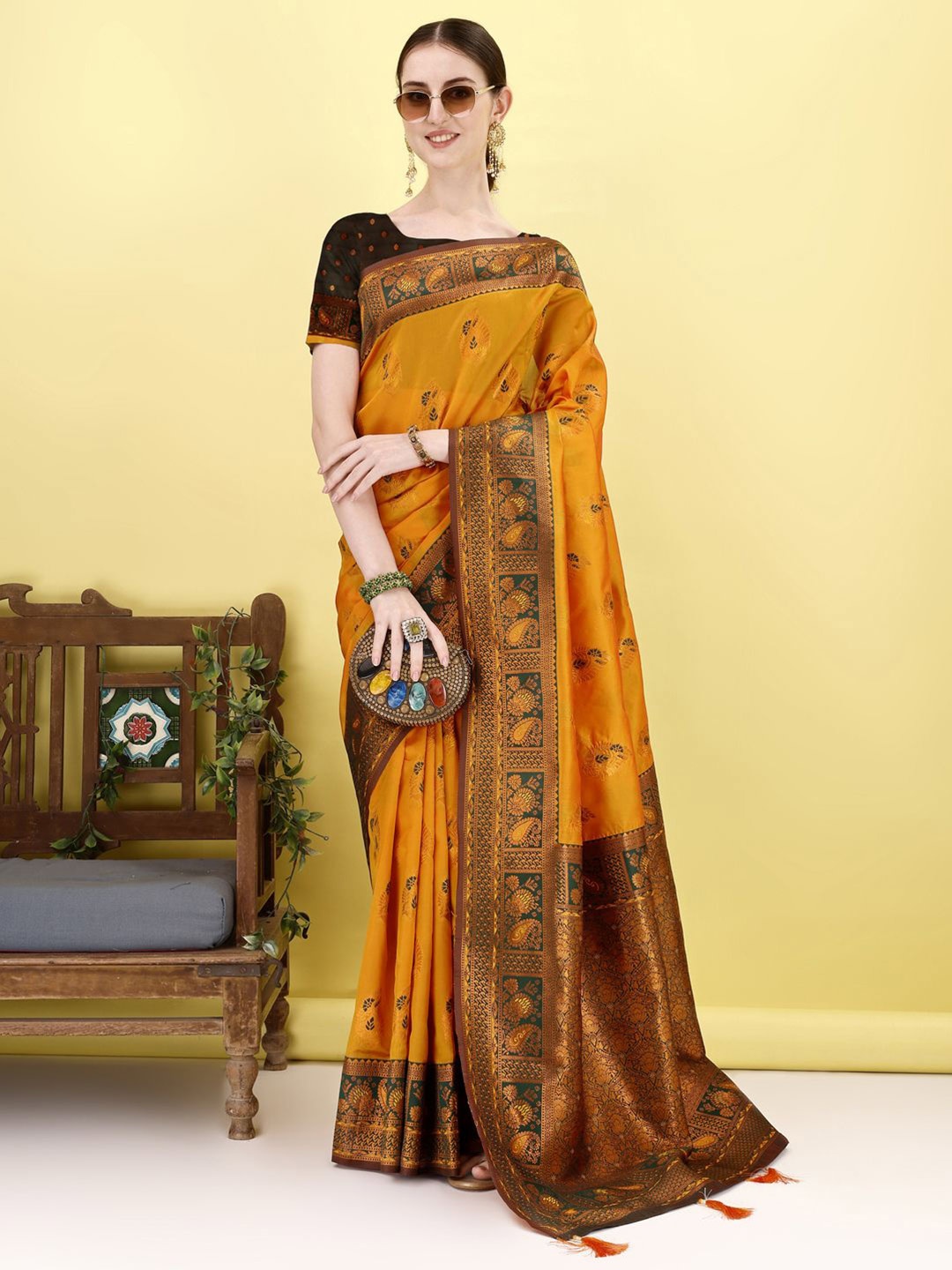 

JUST FASHION Ethnic Motifs Zari Banarasi Saree, Mustard