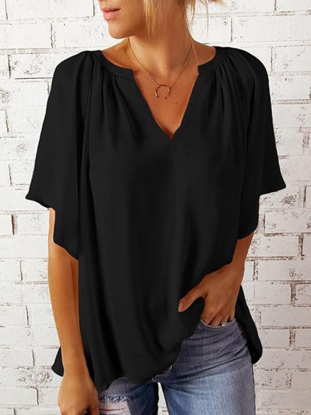 

StyleCast Women Solid V-Neck Top, Black