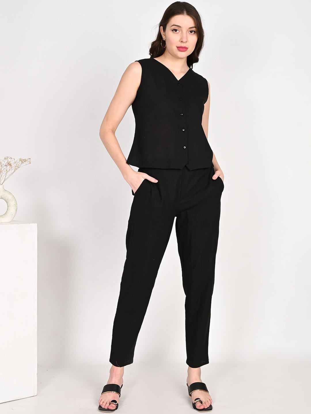 

aaivan Pure Cotton Top With Trouser Co-Ords, Black