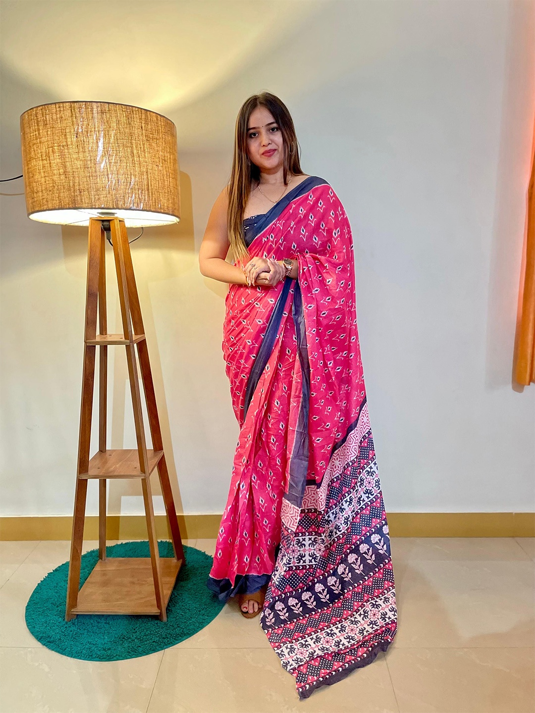 

Anouk Floral Pure Cotton Bagru Saree, Pink