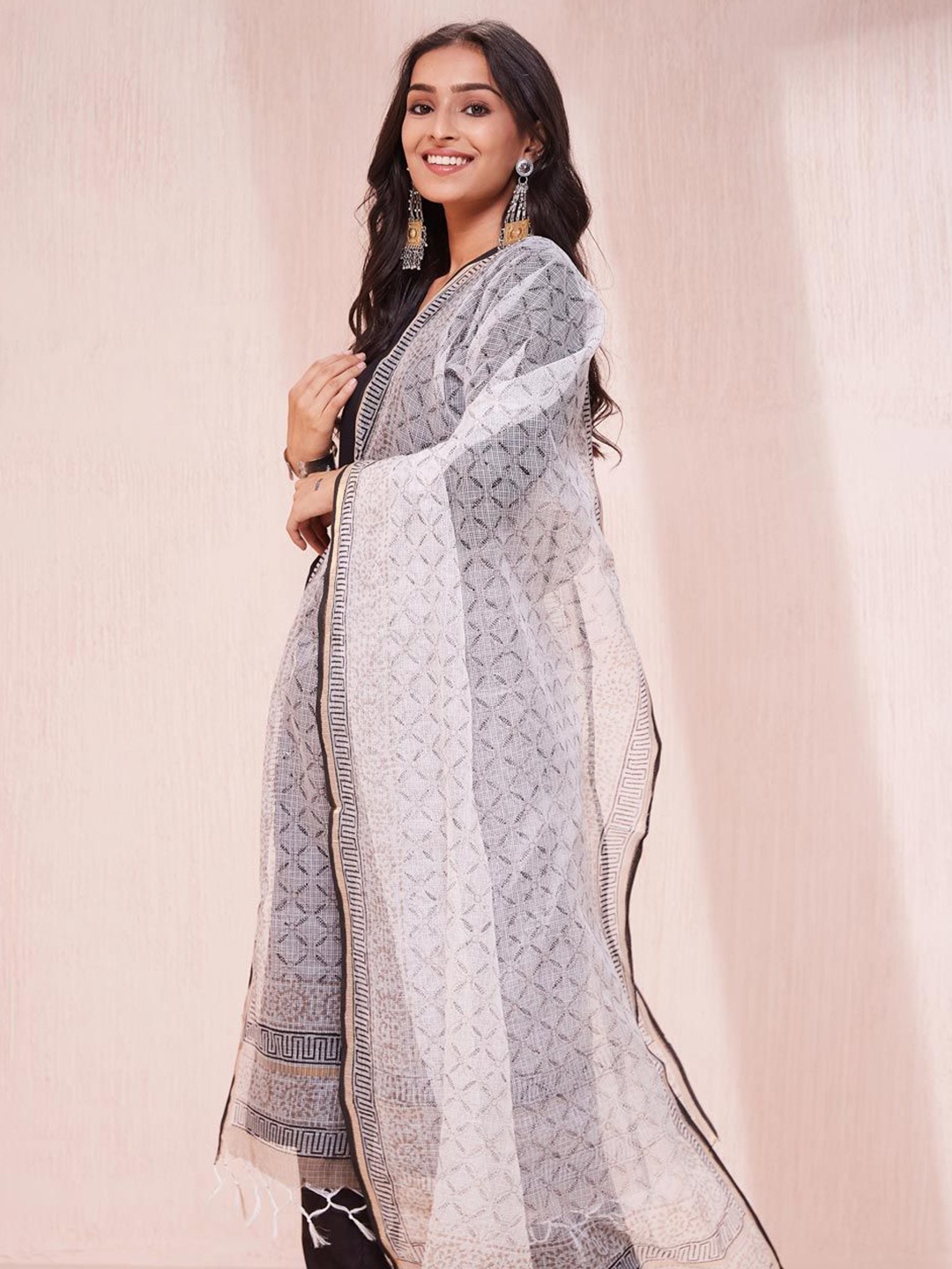 

Fabindia Ethnic Motifs Printed Cotton Silk Dupatta, White
