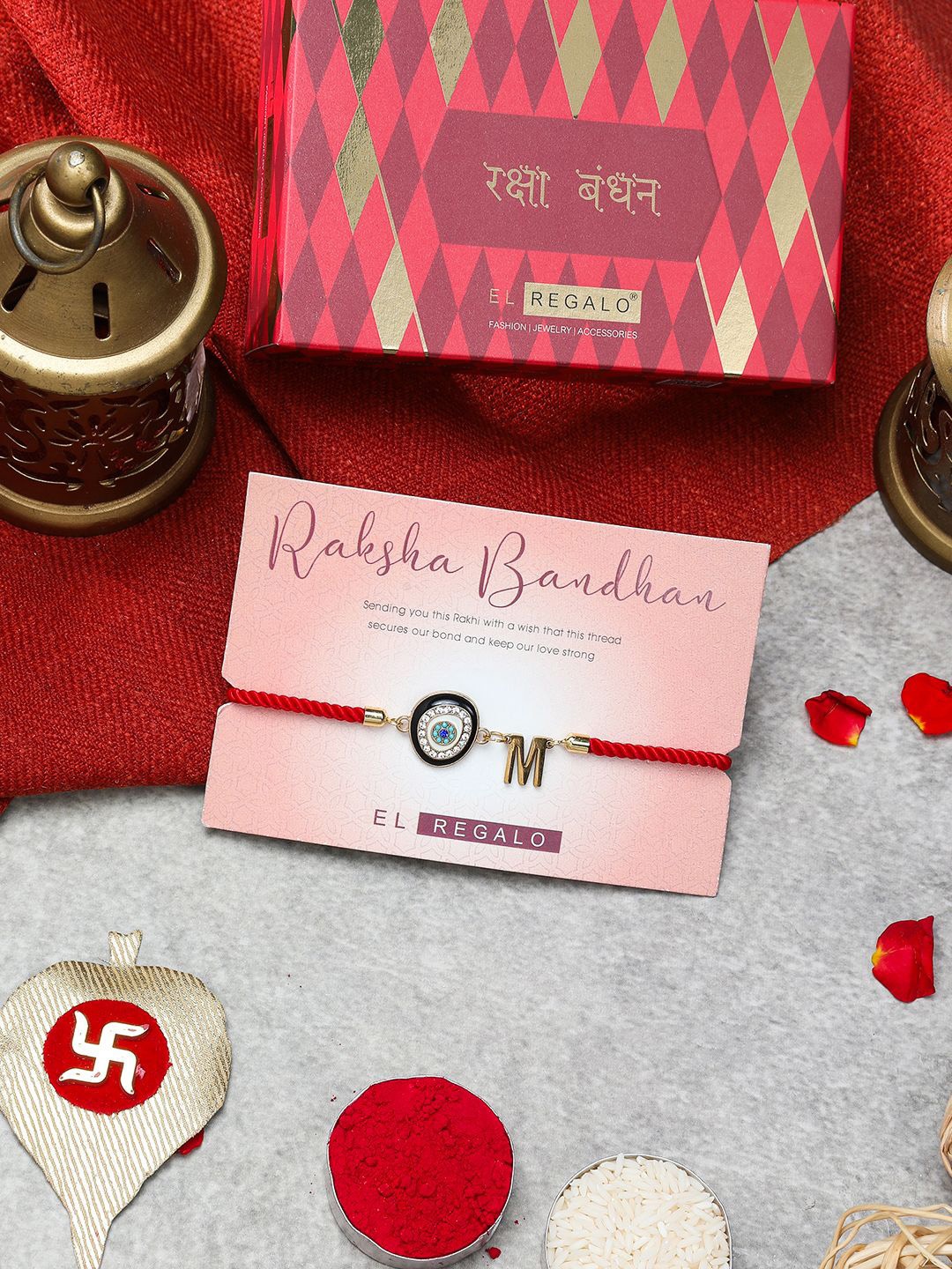 

EL REGALO M Letter Rakhi Gift Set, Gold