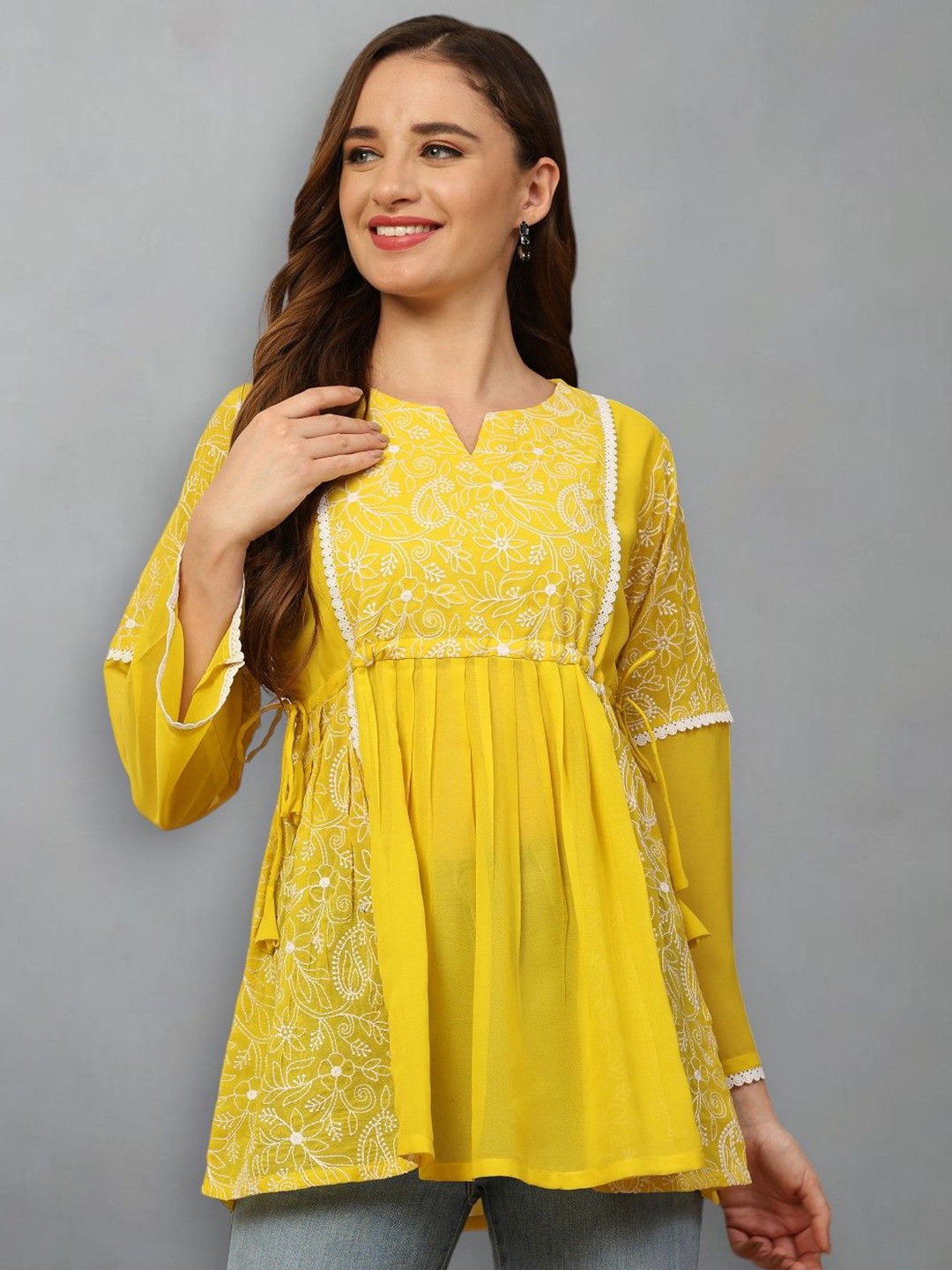 

Growish Women Floral Printed Embroidered V-Neck Top, Yellow