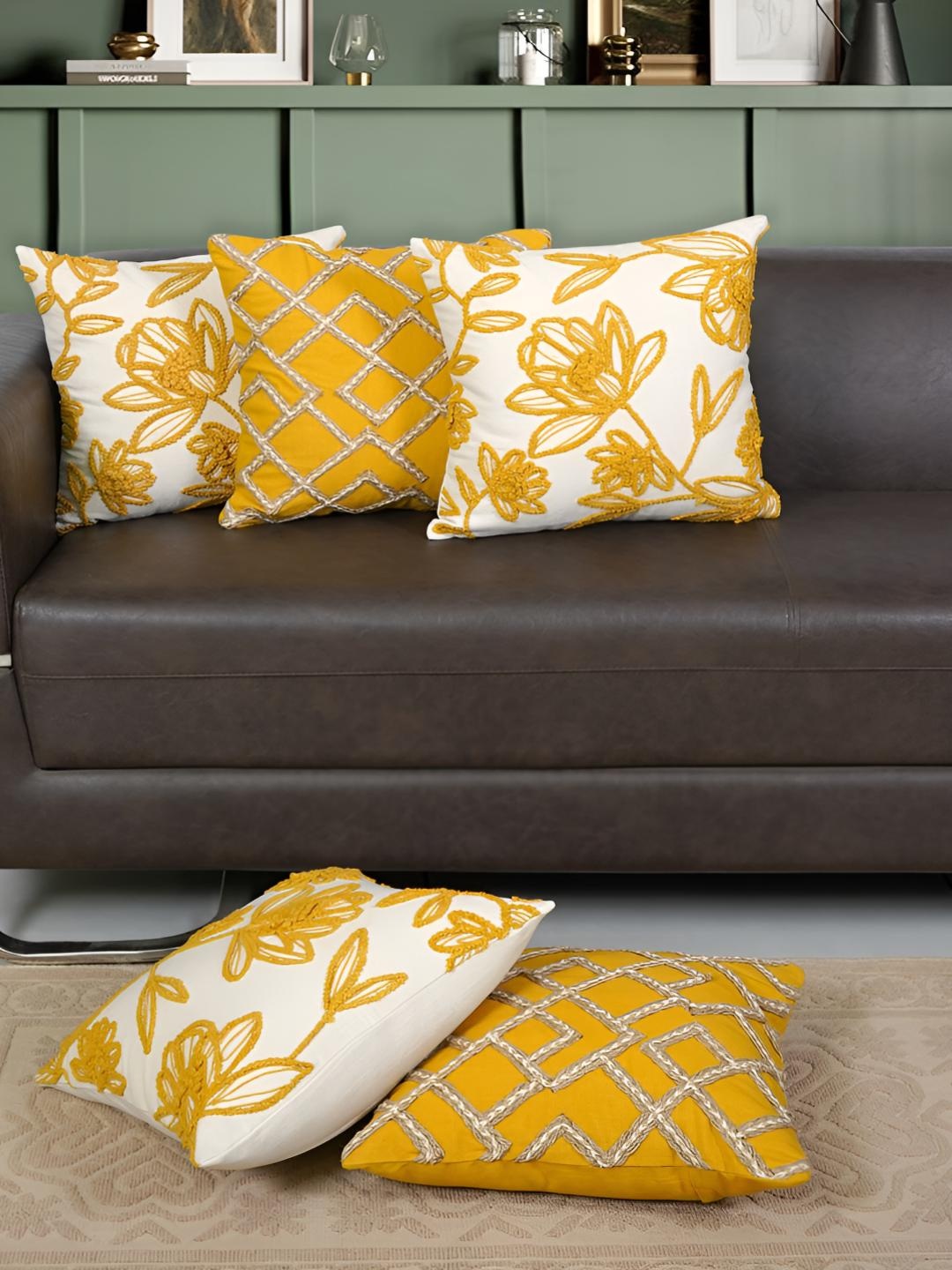 

Ode & Cleo Mustard & White 5 Pieces Embroidered Cotton Square Cushion Covers