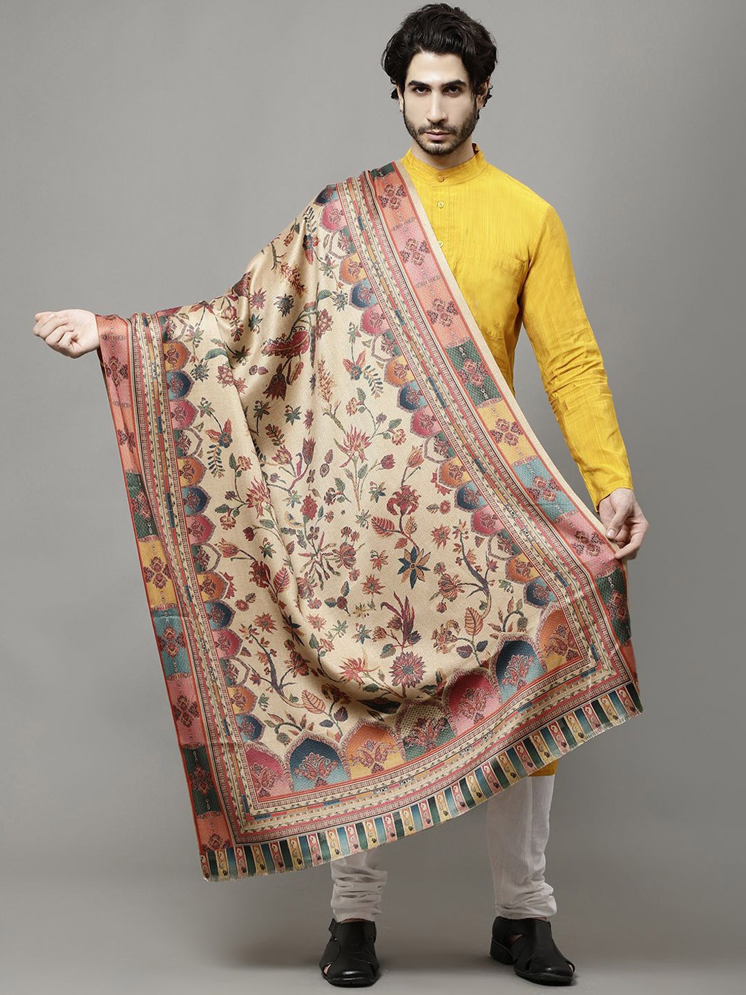 

WEAVERS VILLA Men Floral Printed Shawl, Cream