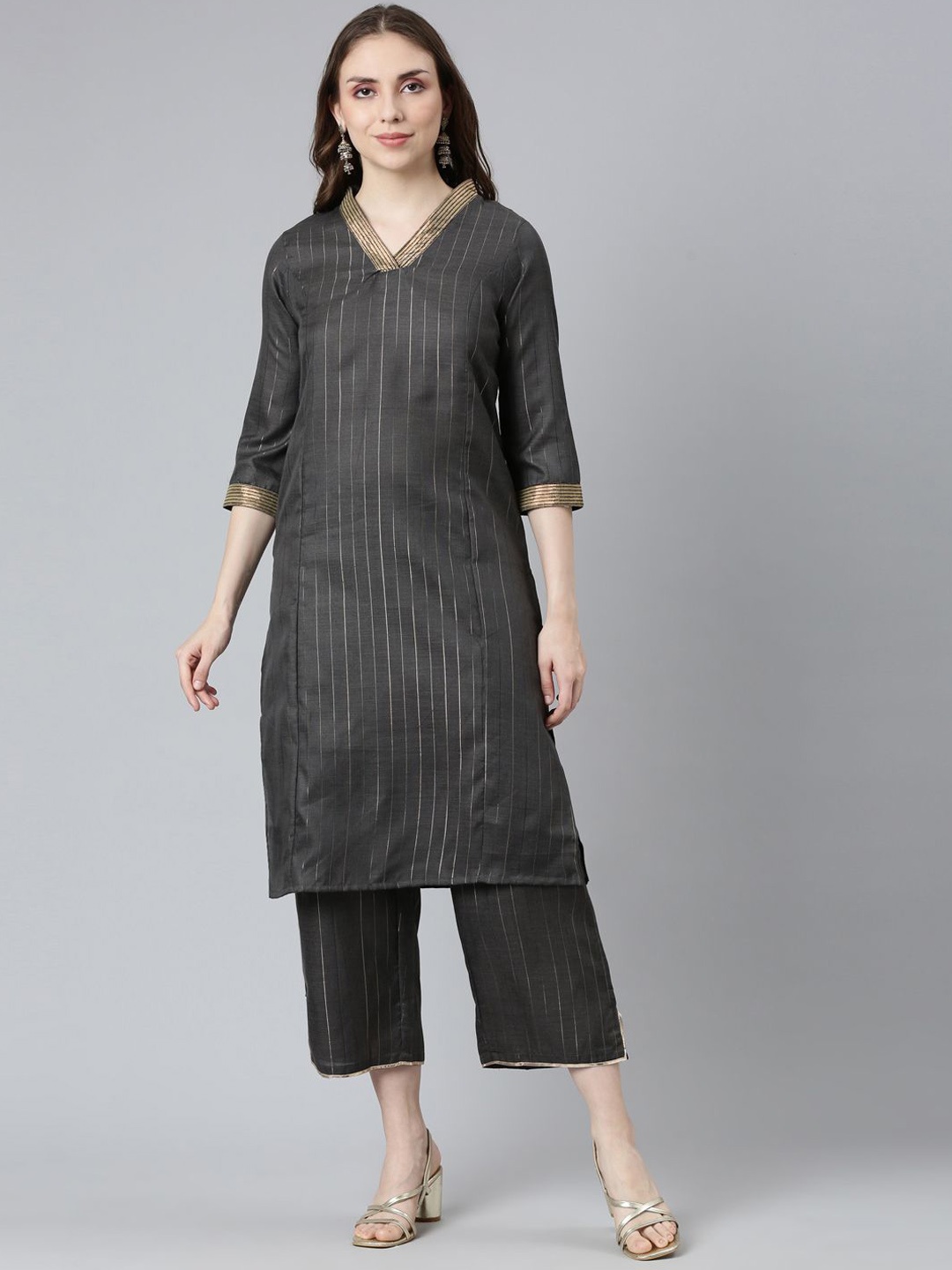 

Samhitas Women Striped Regular Pure Cotton Kurta with Palazzos, Grey