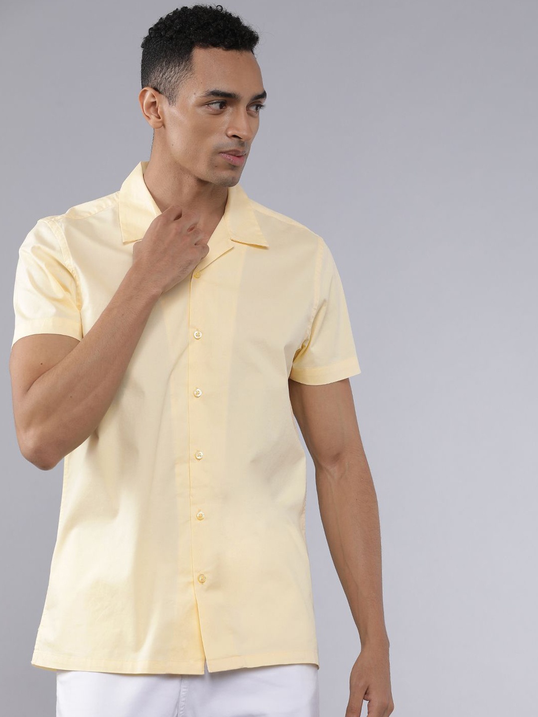 

HIGHLANDER Men Cuban Collar Solid Cotton Slim Fit Casual Shirt, Yellow