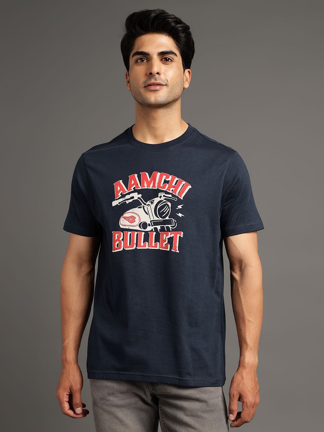 

Royal Enfield Men Printed Raw Edge T-shirt, Navy blue