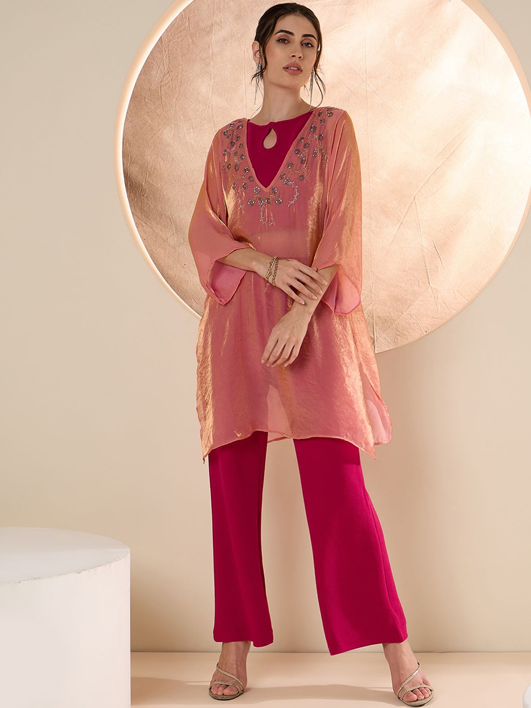 

Antheaa Embellished Crop Top & Short Kurti With Trousers, Pink