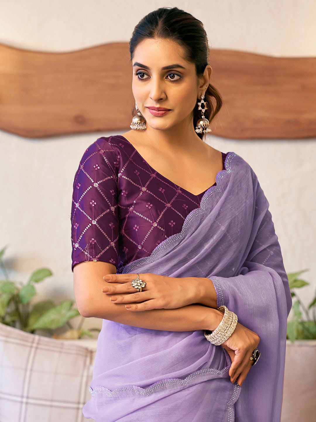 

Satrani Beads and Stones Pure Chiffon Saree, Purple