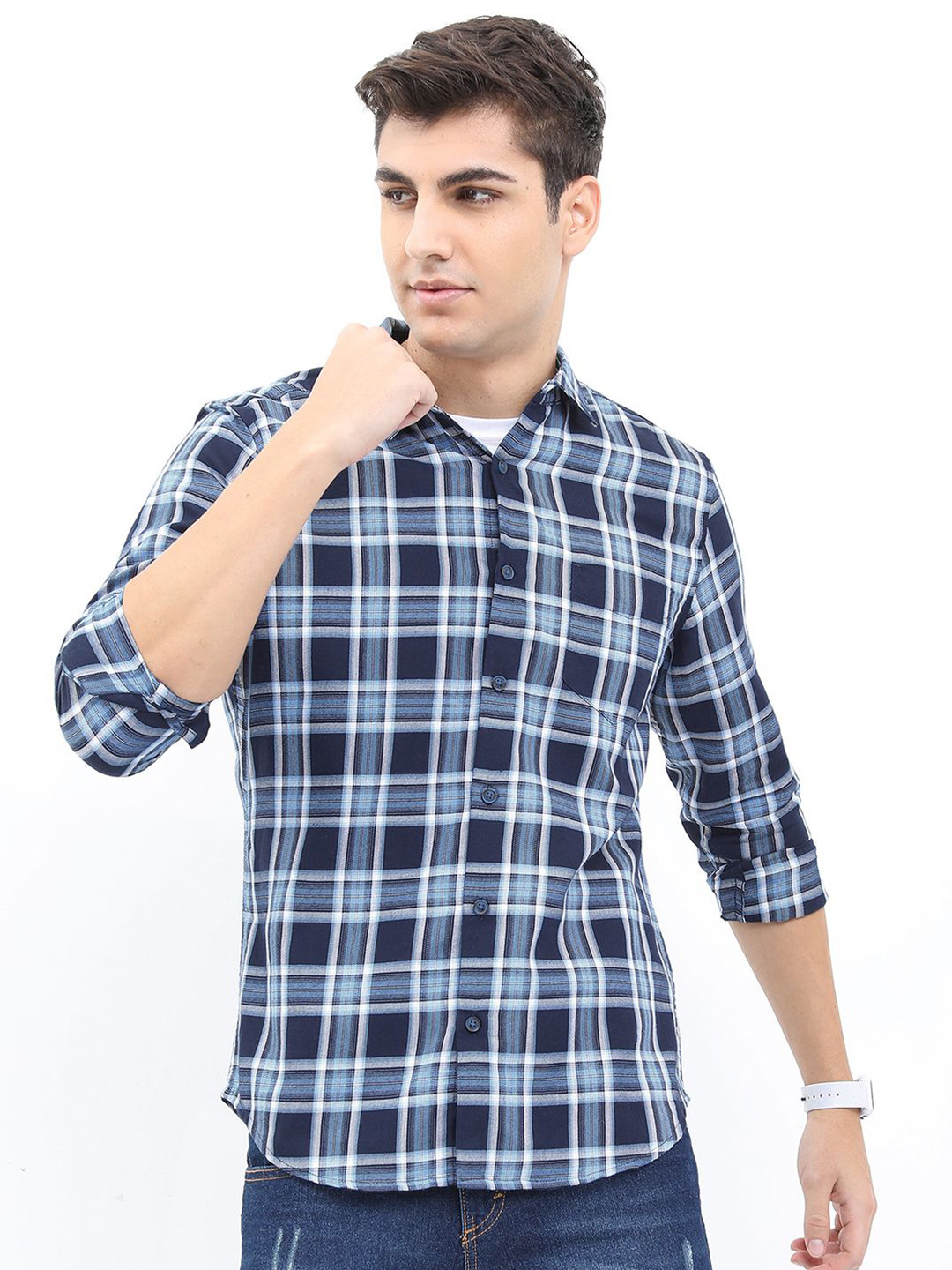 

HIGHLANDER Men Spread Collar Tartan Checked Cotton Slim Fit Casual Shirt, Navy blue