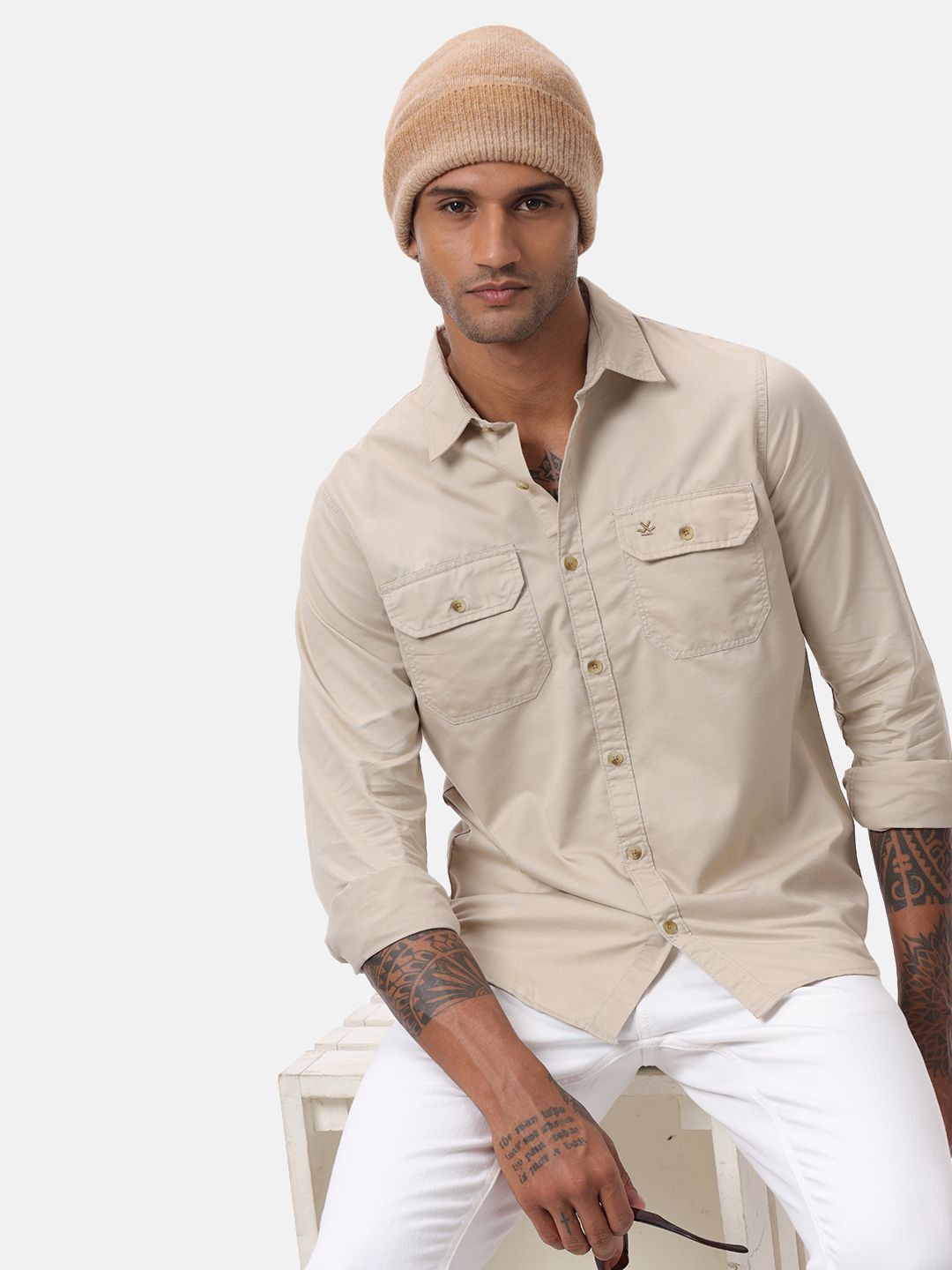 

WROGN Men Custom Spread Collar Solid Cotton Casual Shirt, Beige