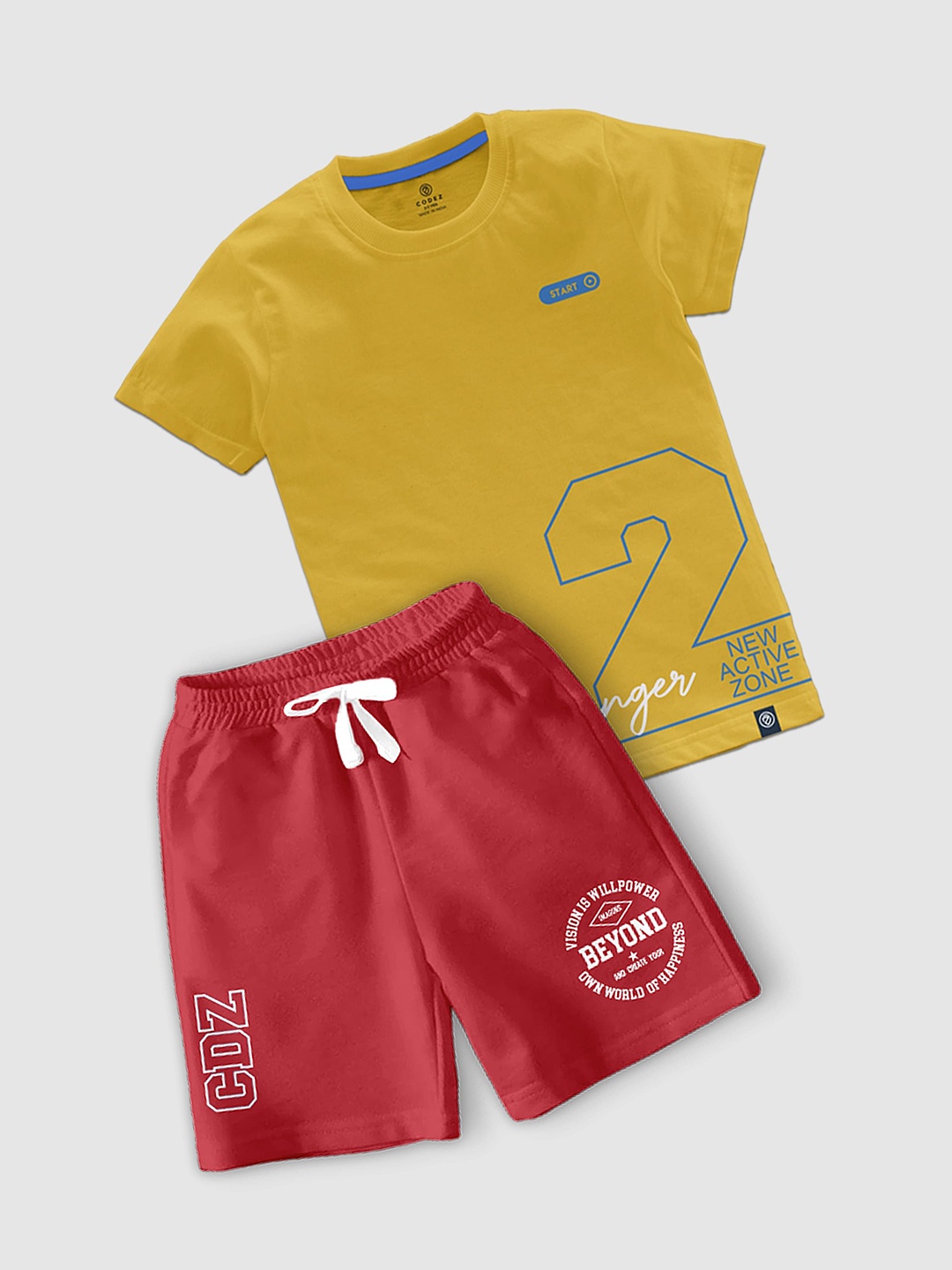

CODEZ Boys Typography Printed Round Neck T-shirt With Shorts, Yellow