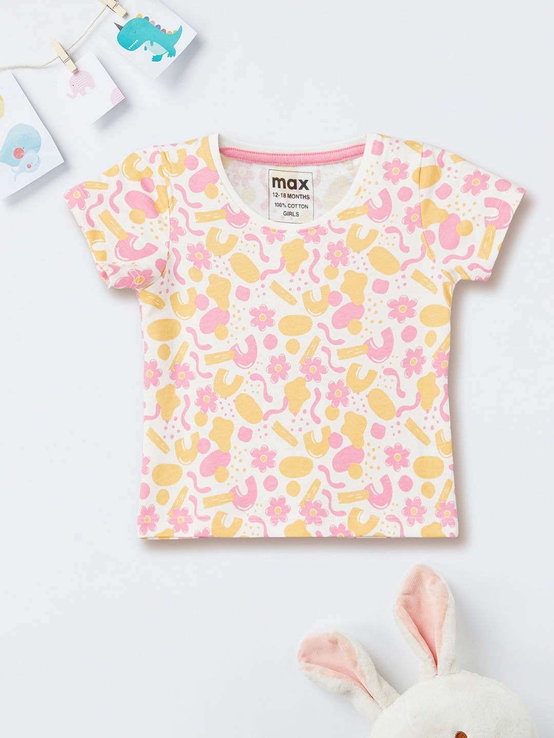 

max Girls Floral Printed V-Neck T-shirt, White
