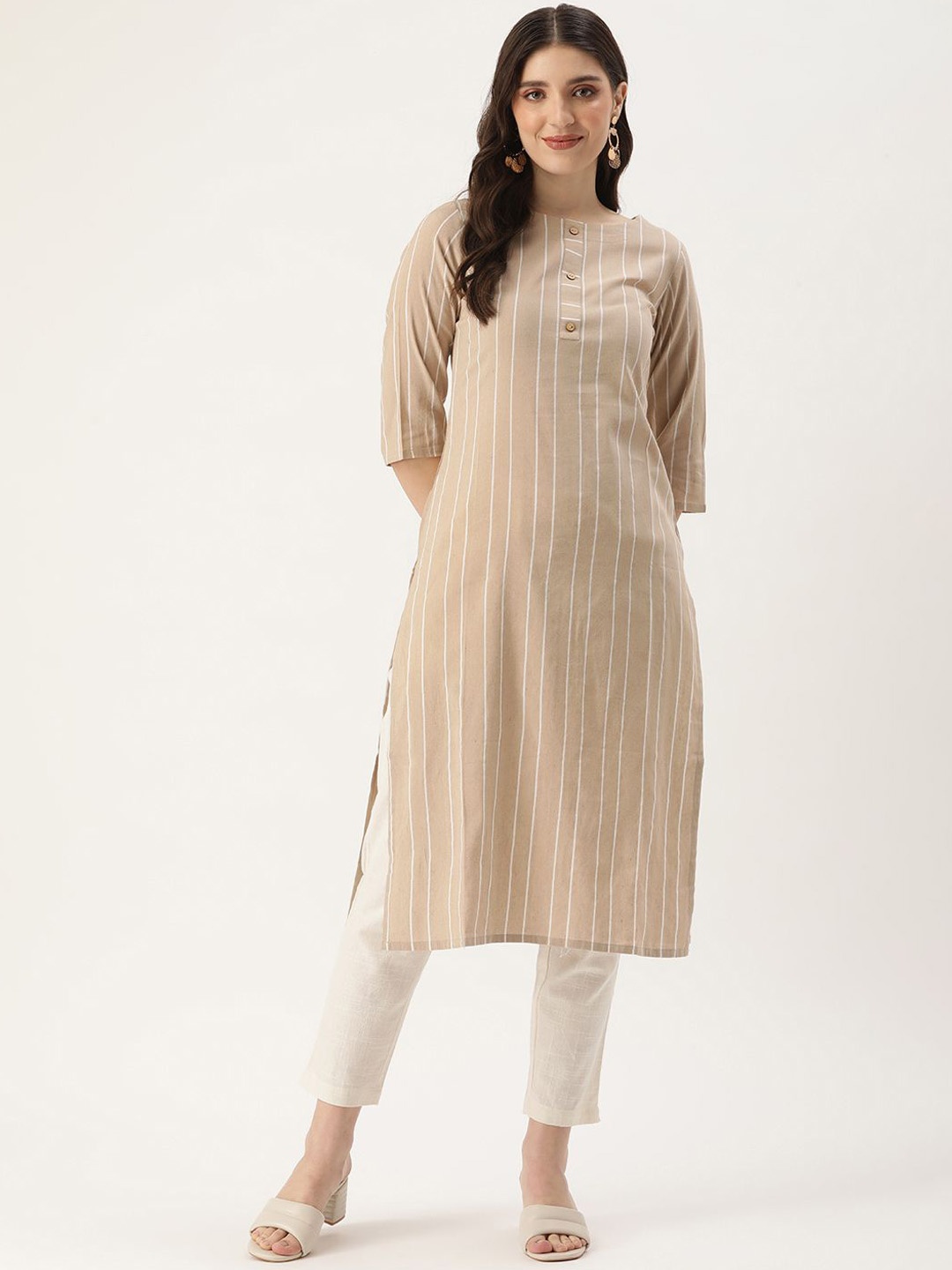 

KALINI Striped Round Neck Straight Kurta, Beige