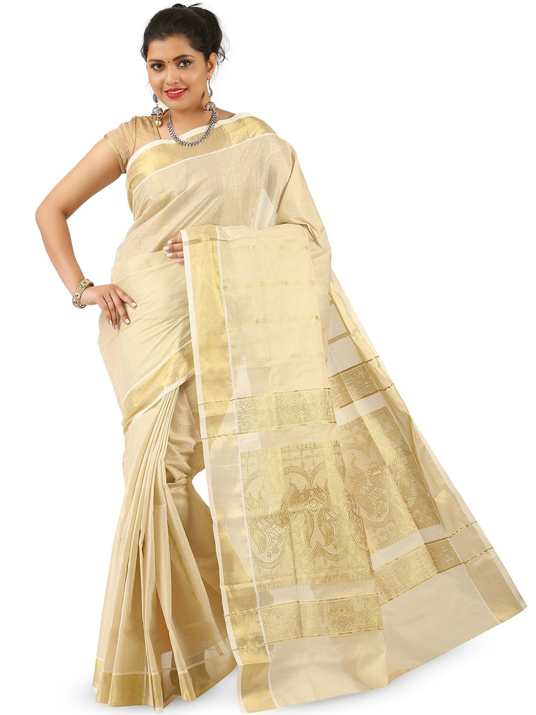 

Rst R Selvamani Tex Zari Pure Cotton Ready to Wear Kasavu Saree, Off white