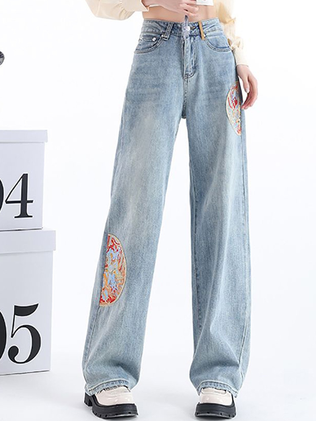 

StyleCast x Revolte Women Wide Leg Low Distress Heavy Fade Printed Jeans, Blue