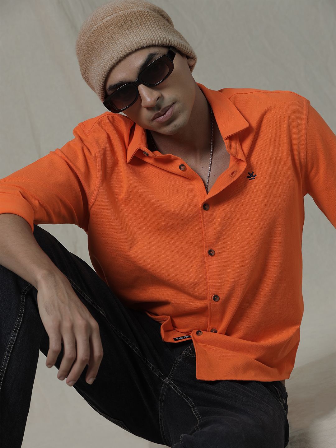

WROGN Men Custom Spread Collar Solid Cotton Casual Shirt, Orange