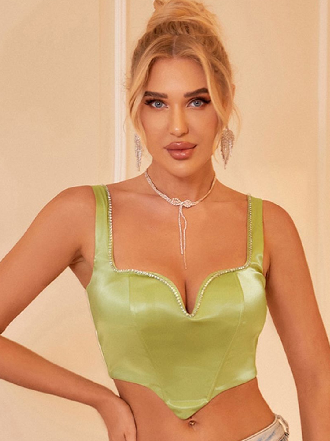 

StyleCast Women Solid Shoulder Straps Top, Green
