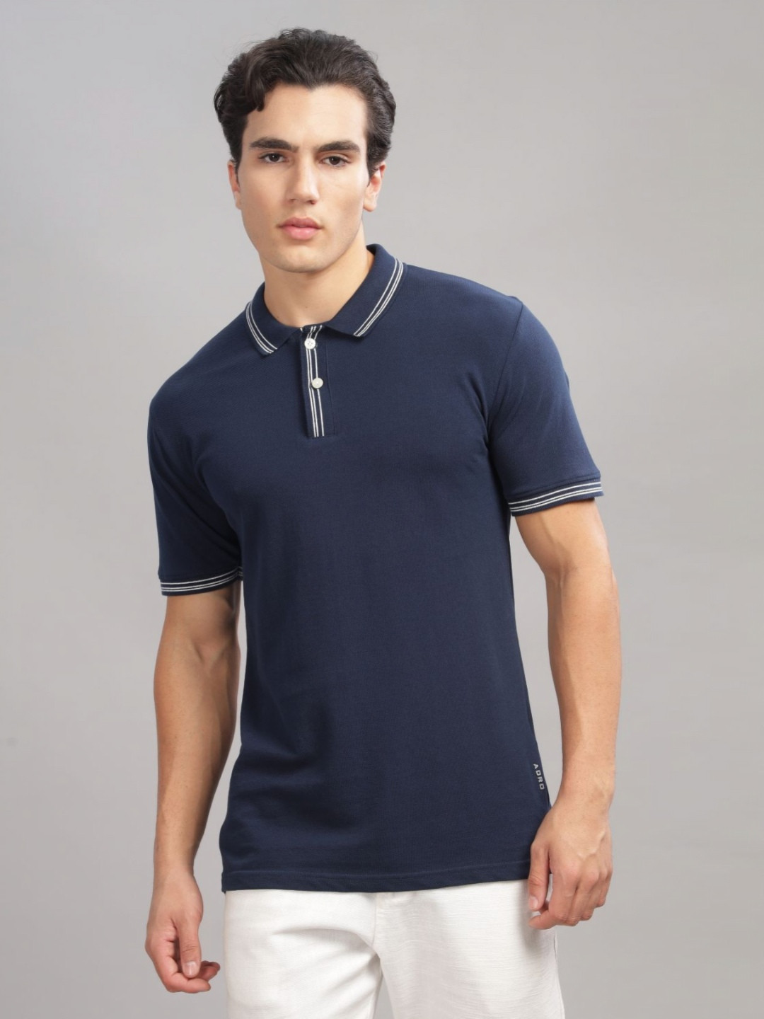 

ADRO Men Polo Collar Applique T-shirt, Navy blue